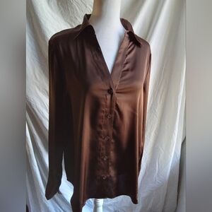 H&M Satin Button-Up Blouse in Deep Brown